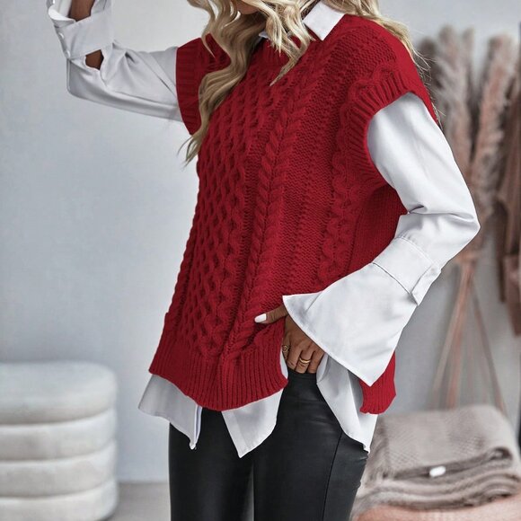 Red Casual Women's Round Neck Loose Knit Sweater Vest - Picture 4 of 6